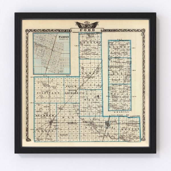 Ford County IL Map 1876 - Old Map of Paxton Illinois Art Vintage Print Framed Canvas Bird's Eye View Portrait History Genealogy Farmhouse