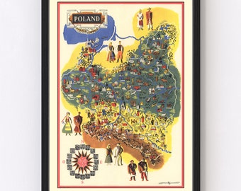 Poland Map Art - Vintage Print from 1935 - Old Poland Art - Framed or Canvas