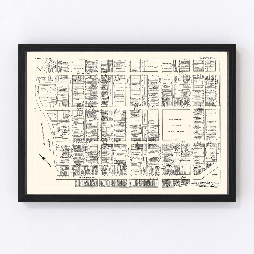 Scranton Map 1929 Old Map of Scranton Business Section Pennsylvania Art Vintage Print Framed ...
