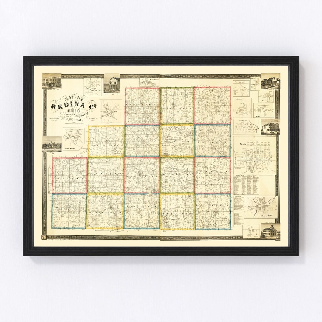 Medina County Ohio Map 1857 Old Map of Medina County Ohio Art Vintage Print Framed Canvas ...