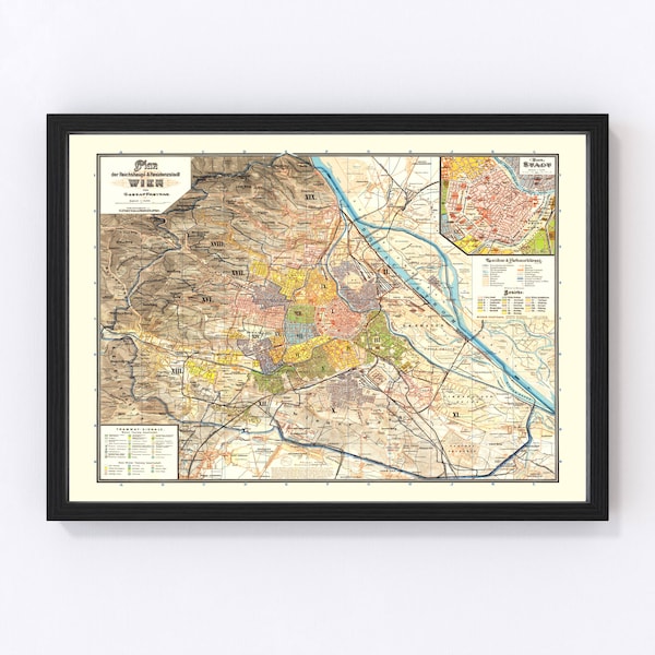 Vienna Map 1895 - Old Map of Vienna Austria Art Vintage Print Framed Wall Art Canvas Portrait History Genealogy Travel Ancestry