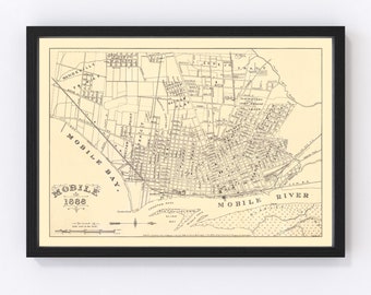 Mobile Map 1888 - Old Map of Mobile Alabama Art Vintage Print Framed Canvas Portrait History Genealogy Farmhouse Décor