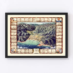 May include: A vintage illustrated map of Avalon Town, Santa Catalina Island, California. The map shows the town's layout, including streets, buildings, and the harbor. The map is surrounded by a border of small illustrations depicting various activities and attractions on the island.