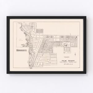 May include: A vintage black and white map of Palm Desert, California. The map shows the layout of the city with streets, parks, and other landmarks. The text "PALM DESERT" is printed in the bottom right corner of the map.