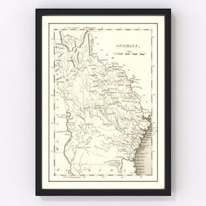 Mapa de Georgia 1814 - Mapa antiguo de Georgia Arte Vintage Impresión Enmarcada Arte de la pared Lienzo Retrato GA Historia Genealogía Decoración de la granja