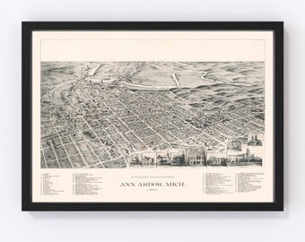 May include: A vintage black and white aerial view map of Ann Arbor, Michigan from 1891. The map shows the city's streets, buildings, and landmarks. The text "Ann Arbor, Mich. 1891" is printed at the bottom of the map.