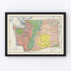 Washington Map 1889, Vintage Washington Map, Old Washington Art, Wall Art Gift for Washington History Lovers Retro Decor