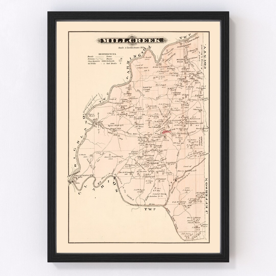 Millcreek Map 1877 Old Map of Millcreek Pennsylvania Art Vintage Print