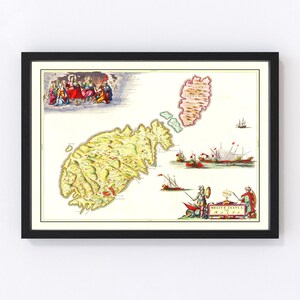 May include: A vintage map of Malta, showing the island's coastline, cities, and surrounding islands. The map is in a decorative frame and features a colorful illustration of ships and people.