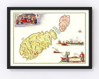 Malta Map 1665, Vintage Malta Map, Old Malta Art, Wall Art Gift for Malta History Lovers Retro Decor