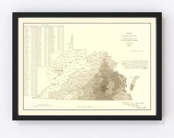 May include: A vintage map of Virginia showing the distribution of the slave population in 1860. The map is divided into counties, with each county shaded according to the percentage of enslaved people in its population. The map is printed in black and white on a cream-colored background.