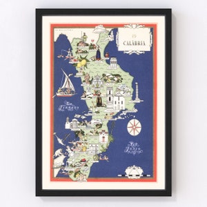 May include: A vintage illustrated map of Calabria, Italy, with a blue background and red border. The map features various landmarks and scenes, including a church, a lighthouse, a fishing boat, and a compass. The text "Calabria" is written in a decorative font at the top of the map.