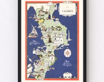 Calabria Italy Map 1938 - Old Map of Calabria Italy Italy Art Vintage Print Framed Wall Art Canvas Portrait  History Genealogy Travel
