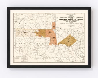 Cherokee Nation Map 1884, Vintage Cherokee Nation Map, Old Cherokee Nation Art, Wall Art Gift for Cherokee Nation History Lovers Retro Decor
