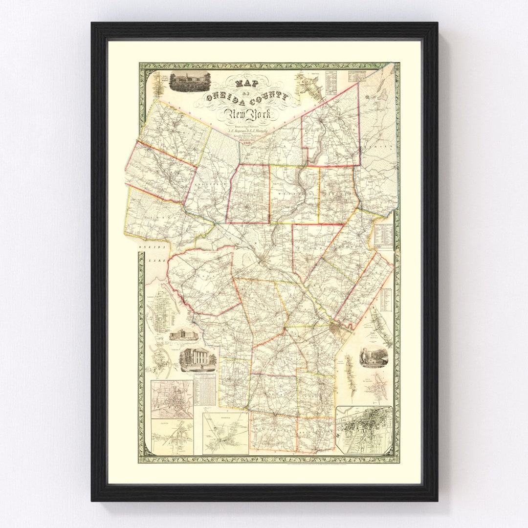 Oneida County New York Map 1852 Old Map of Oneida County New York Art