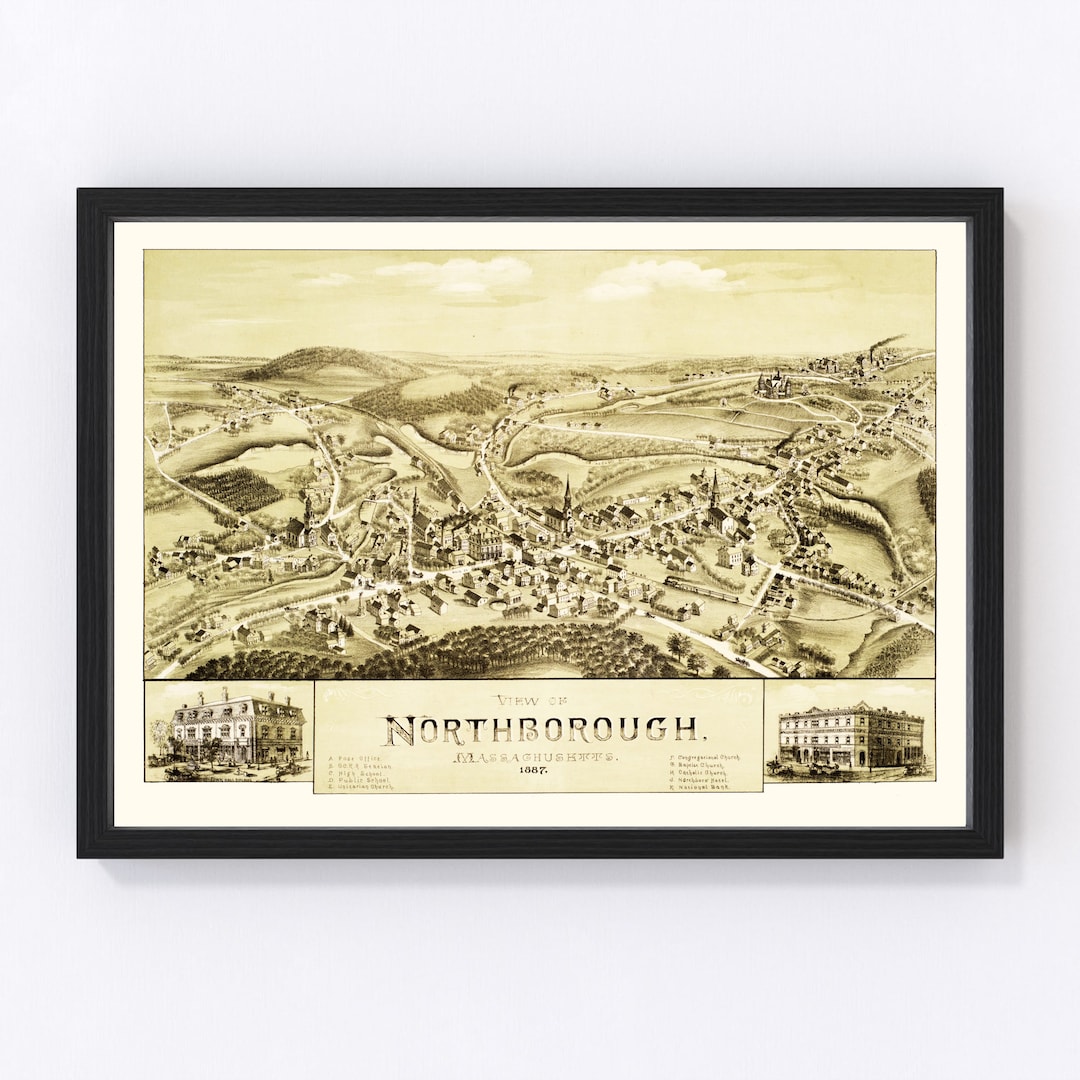 Northborough Map 1887 Old Map of Northborough Massachusetts Art Vintage