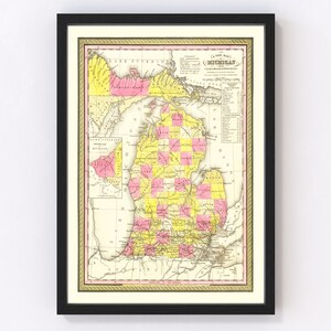 Michigan Map 1847, Vintage Michigan Map, Old Michigan Art, Wall Art Gift for Michigan History Lovers Retro Decor