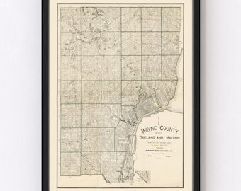 Wayne County Map 1894, Vintage Wayne County Map, Old Wayne County Michigan Art, Wall Art Gift for Wayne County History Lovers Retro Decor