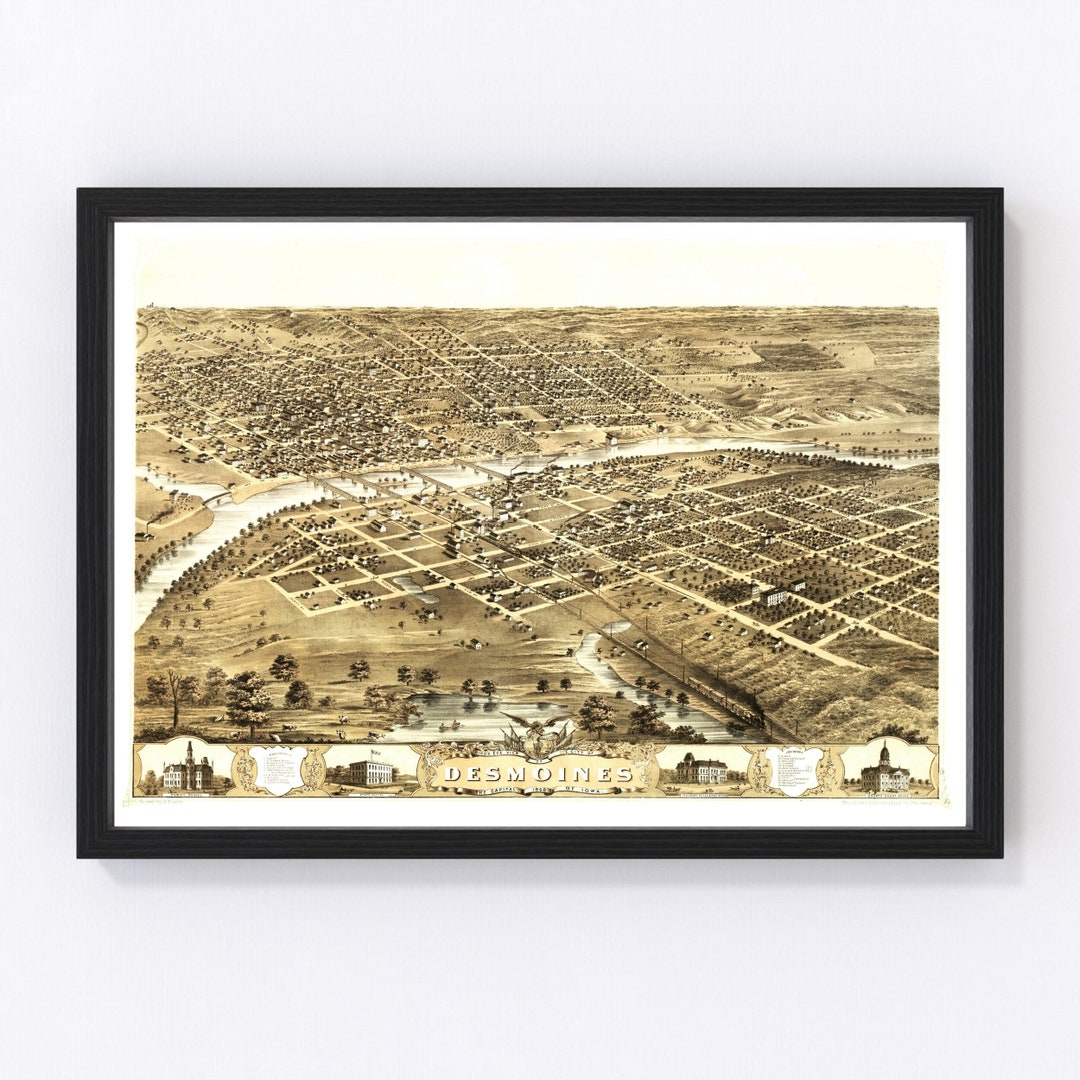 Des Moines Map 1868 Old Map of Des Moines Iowa Art Vintage Print Framed