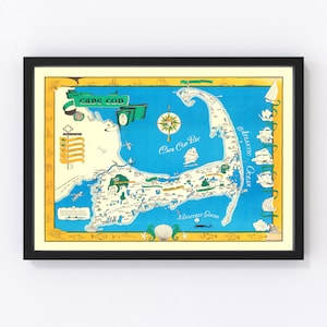 May include: A vintage map of Cape Cod, Massachusetts, with a blue background and yellow border. The map shows the coastline, towns, and landmarks of the Cape. The title "Cape Cod" is in a green banner at the top of the map.