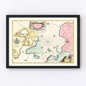 North Pole Map 1665, Vintage North Pole Map, Old North Pole Art, Wall Art Gift for North Pole History Lovers Retro Decor