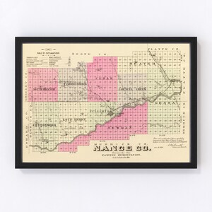 May include: An antique map of Nance County, Nebraska, formerly the Pawnee Reservation. The map is divided into townships and sections, with the names of towns and rivers labeled. The map is printed in black and white, with pink highlighting the county boundaries.