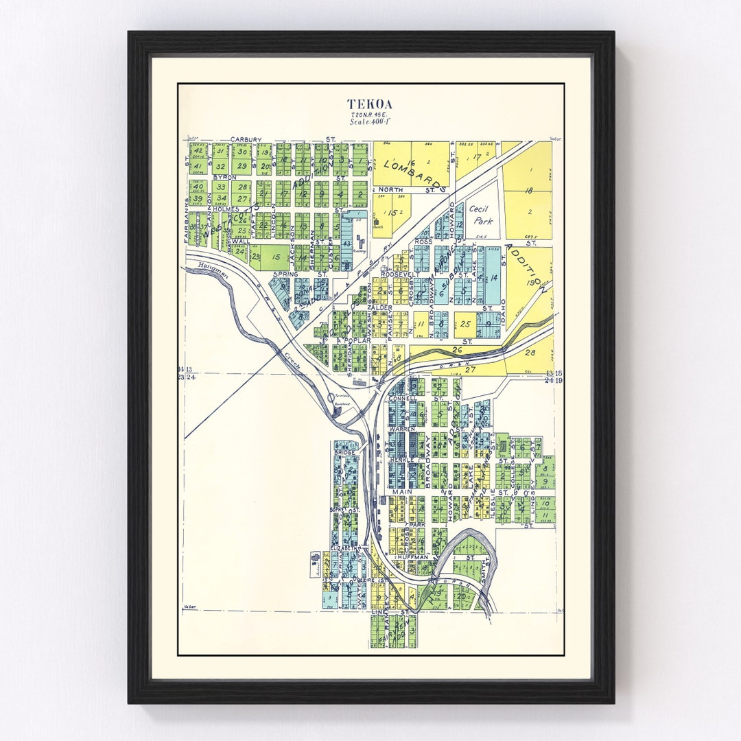 Tekoa Map 1910 Old Map of Tekoa Washington Art Vintage Print Framed