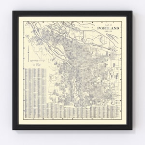 Portland Map 1920 - Old Map of Portland Oregon Art Vintage Print Framed Canvas Portrait History Genealogy Farmhouse Décor