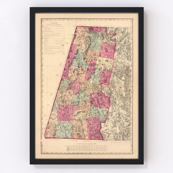 Berkshire County MA Map 1871 - Old Map of Pittsfield Massachusetts Art Vintage Print Framed Canvas Bird's Eye View Portrait History