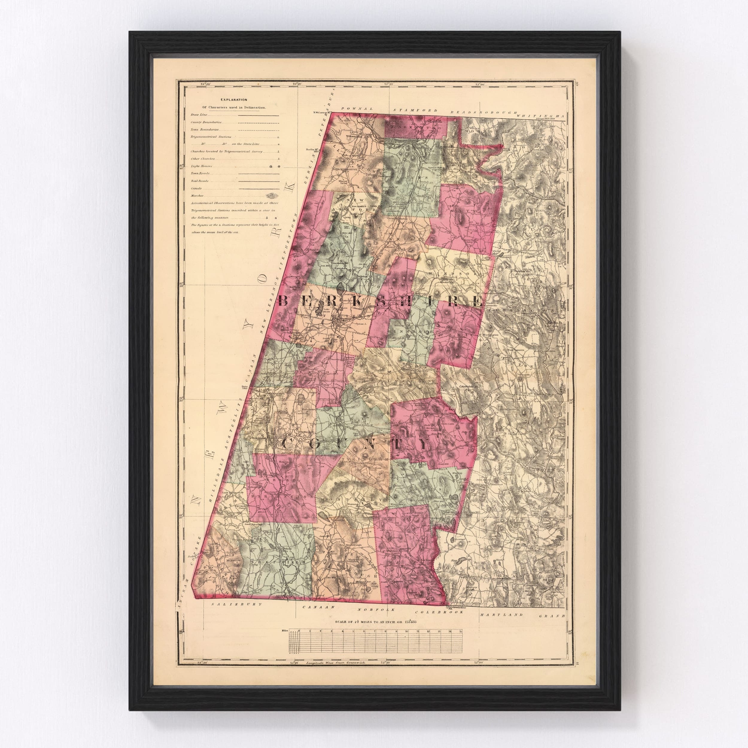 Berkshire County, Massachusetts Vintage Map from 1871 - Old County Map Art Print of Berkshire County, MA - Framed or Canvas