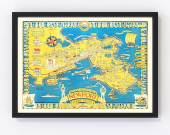 Newport Map 1945, Vintage Newport Map, Old Newport Rhode Island Art, Wall Art Gift for Newport History Lovers Retro Decor