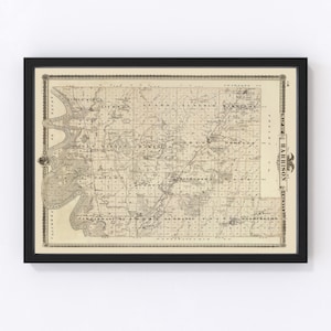 May include: A vintage map of Harrison County, Indiana, showing the county's townships and roads. The map is printed in black and white on a cream-colored paper. The map is framed in a black frame.