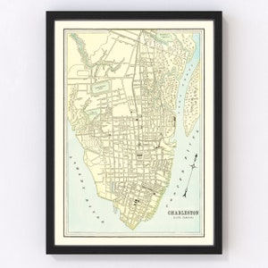Charleston Map 1895 - Old Map of Charleston South Carolina Art Vintage Print Framed Canvas Portrait History Genealogy Farmhouse Décor