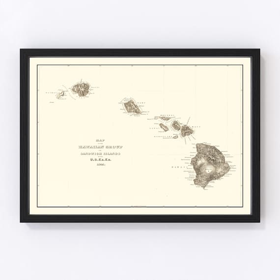 Hawaii Map 1845 - Old Map of Hawaii Art Vintage Print Framed Wall Art Canvas Portrait HI History Genealogy Farmhouse Décor