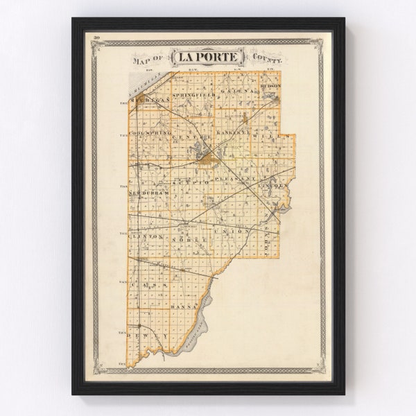 La Porte County IN Map 1876 - Old Map of LaPorte Indiana Art Vintage Print Framed Canvas Bird's Eye View Portrait History Genealogy