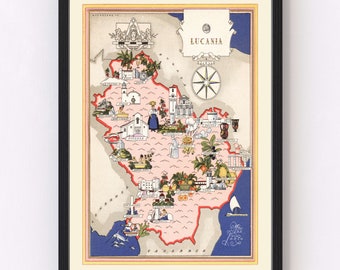 Lucania Italy Map 1938, Vintage Lucania Italy Map, Old Lucania Italy Art, Wall Art Gift for Lucania Italy History Lovers Retro Decor