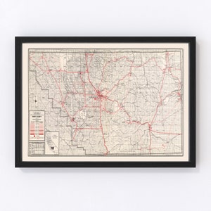 May include: Vintage map of Kern County, California, showing roads, towns, and cities. The map is printed in black and white with red dots indicating locations. The map is framed in a black frame.