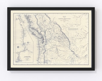 May include: A vintage map of the Oregon Territory, showing the boundary as determined in 1846. The map is printed in blue ink on a cream-colored background. The map shows the major rivers, mountains, and cities of the region.