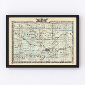 May include: An antique map of Stephenson County, Illinois, printed in black and white with blue accents. The map shows the county's townships and roads. The title "Map of Stephenson County" is printed at the top of the map.