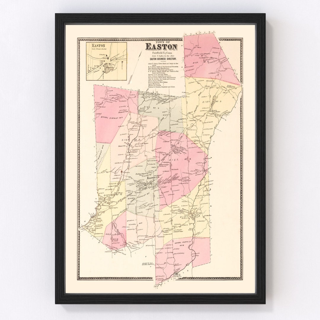 Easton Map 1867 Old Map of Easton Connecticut Art Vintage Print Framed