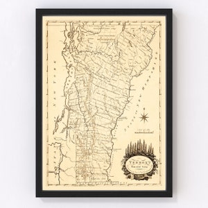 Vermont Map 1795 - Old Map of Vermont Art Vintage Print Framed Wall Art Canvas Portrait VT History Genealogy Farmhouse Décor