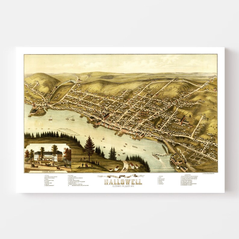 Halwell Map Hallowell Map 1878 - Old Map of Hallowell Maine Art Vintage Print ...