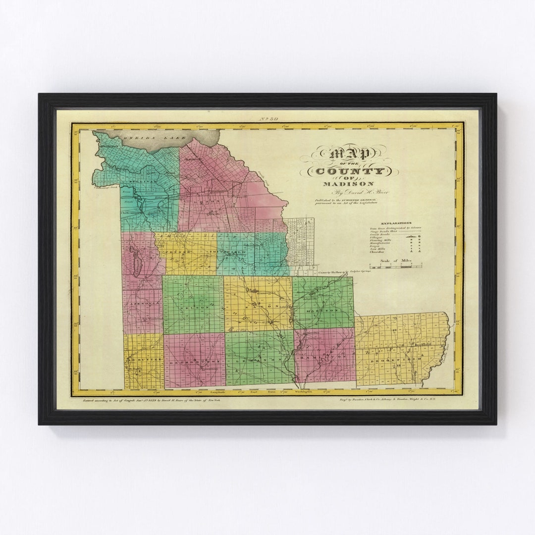 Madison County NY Map 1829 Old Map of Wampsville New York Art Vintage