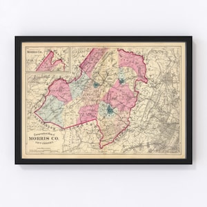 Morris County NJ Map 1872 - Old Map of Morristown New Jersey Art Vintage Print Framed Canvas Bird&#39;s Eye View Portrait History Genealogy