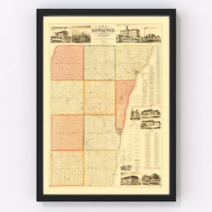 May include: An antique map of Kewaunee County, Wisconsin, showing the townships and towns. The map is printed in black and white with colored borders around each township. The map is surrounded by a black frame.