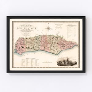 Sussex England Map 1829, Vintage Sussex England Map, Old Sussex England Art, Wall Art Gift for Sussex England History Lovers Retro Decor