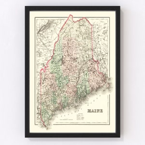 Maine Map 1875, Vintage Maine Map, Old Maine Art, Wall Art Gift for Maine History Lovers Retro Decor