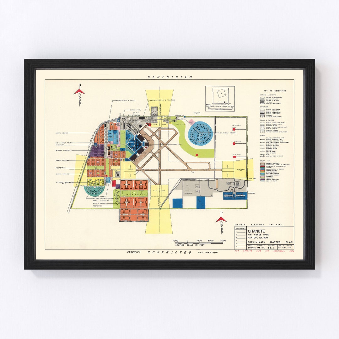 Chanute Air Force Base Map 1951, Vintage Chanute Air Force Base Map ...