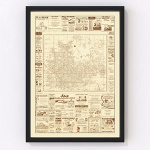 May include: A vintage map of the city of Avle, Arizona, with a beige background and brown lines. The map is surrounded by advertisements for local businesses, including a funeral home, a home loan company, and a roofing company.