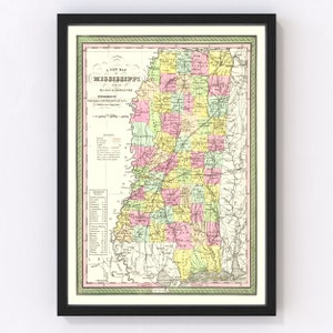 Mississippi Map 1854, Vintage Mississippi Map, Old Mississippi Art, Wall Art Gift for Mississippi History Lovers Retro Decor